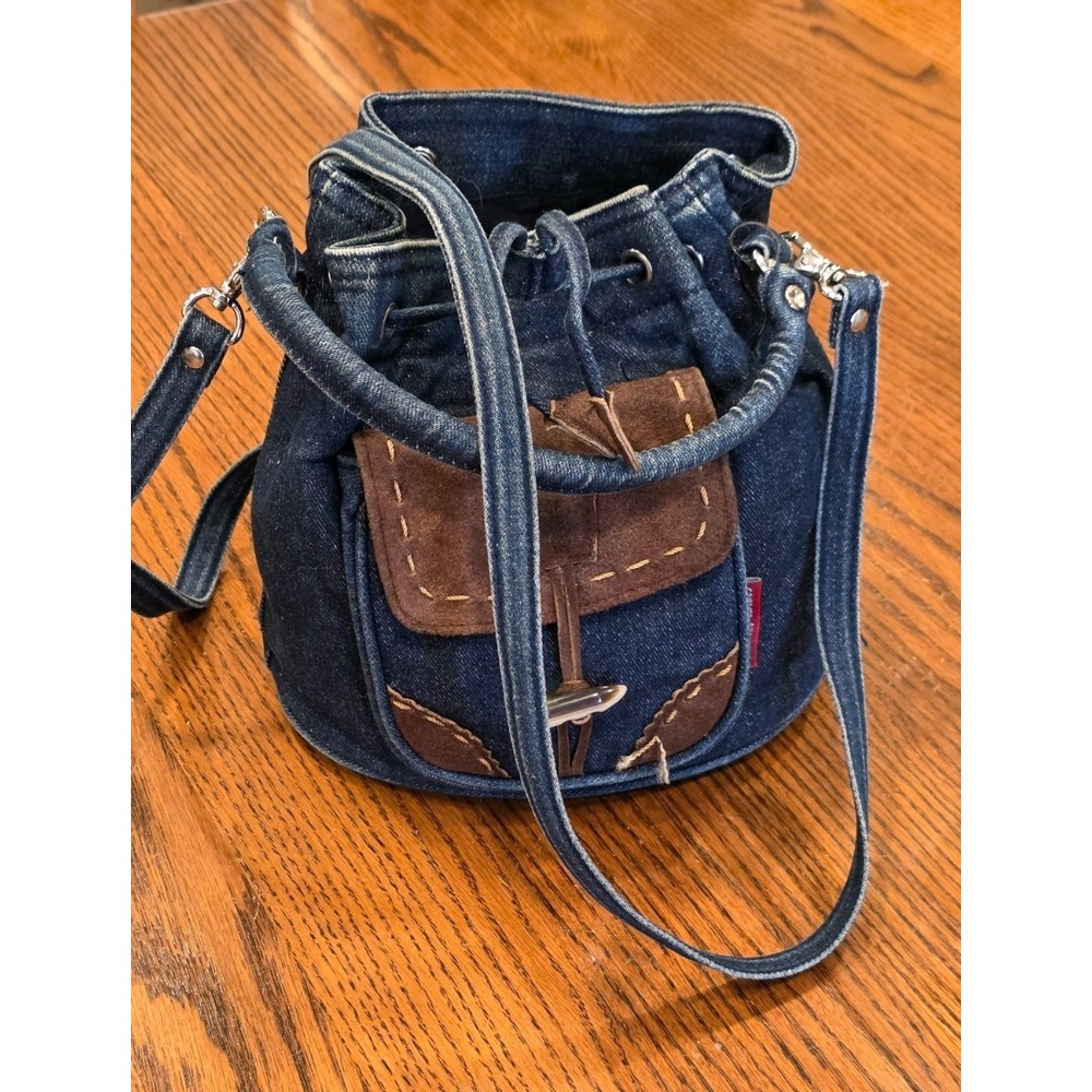 Denim Blues Boho Western Bucket Bag With Learher Pockets Y2k  Cowgirl Style